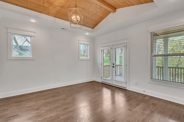 unfurnished room featuring vaulted ceiling with beams, a wealth of natural light, wooden ceiling, and dark hardwood / wood-style floors