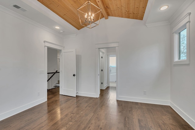 spare room featuring a chandelier, lofted ceiling with beams, dark wood-type flooring, and wood ceiling