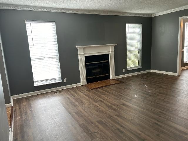 unfurnished living room featuring a textured ceiling, dark hardwood / wood-style flooring, and ornamental molding