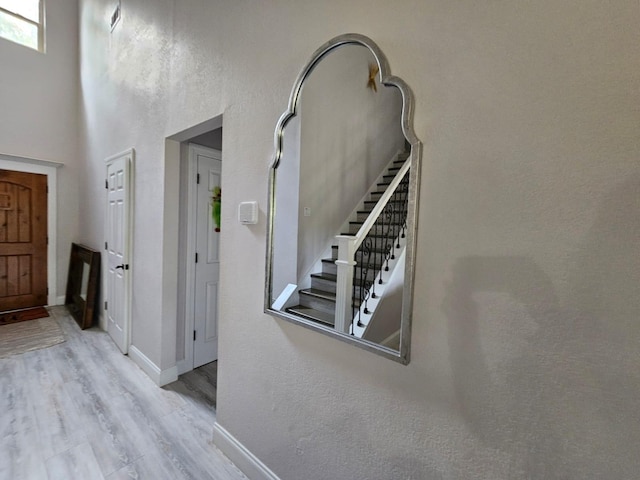 foyer featuring a high ceiling and light hardwood / wood-style flooring