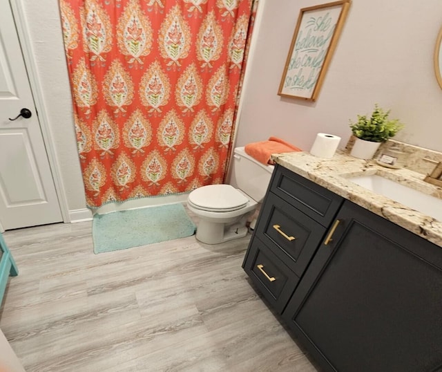 bathroom with wood-type flooring, vanity, toilet, and a shower with curtain