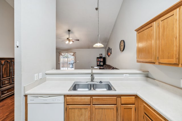 kitchen with dark wood-type flooring, white dishwasher, sink, hanging light fixtures, and ceiling fan