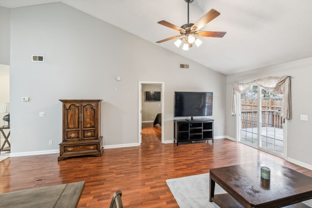 living room featuring ceiling fan, high vaulted ceiling, and dark hardwood / wood-style floors