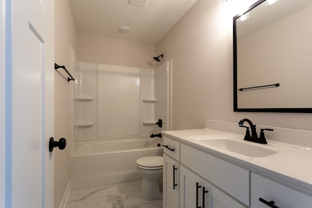 full bathroom with vanity, toilet, and shower / bathtub combination