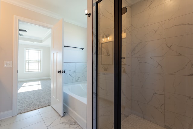 bathroom with independent shower and bath and ornamental molding