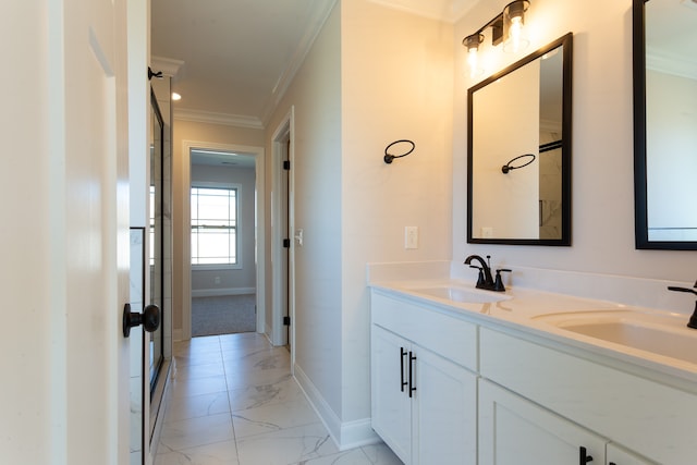 bathroom with vanity and crown molding