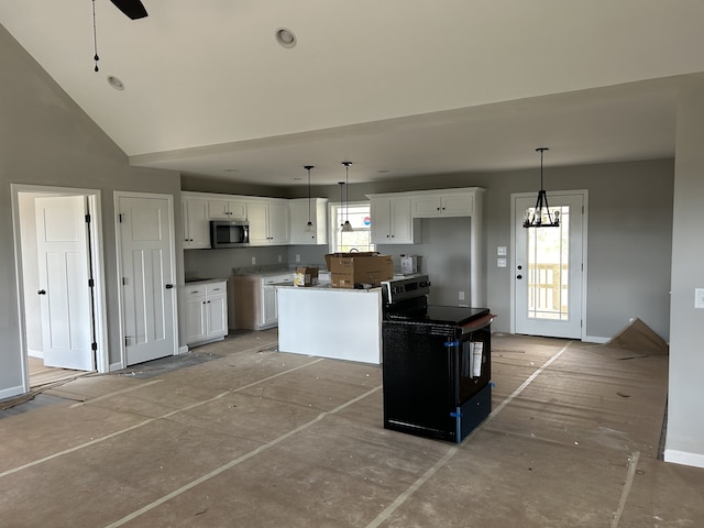 kitchen with vaulted ceiling, a kitchen island, white cabinets, hanging light fixtures, and black range with electric stovetop