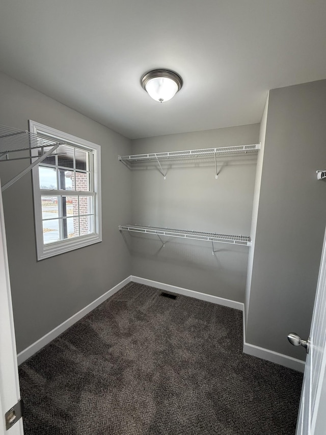 spacious closet featuring dark colored carpet