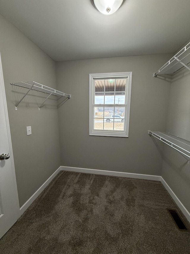 walk in closet featuring dark carpet