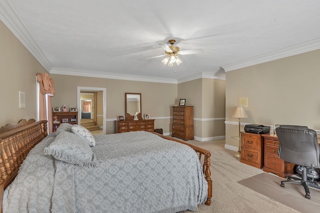 bedroom featuring ceiling fan, light colored carpet, and crown molding