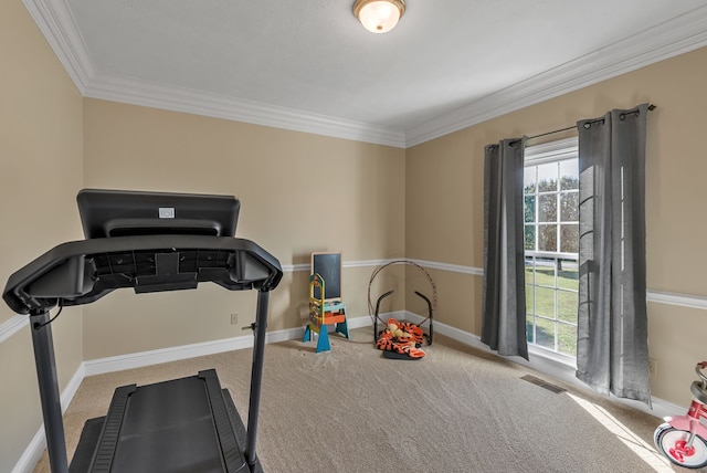 workout room featuring carpet floors and ornamental molding