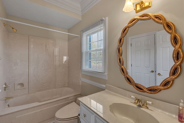 full bathroom featuring vanity, toilet, ornamental molding, and shower / washtub combination