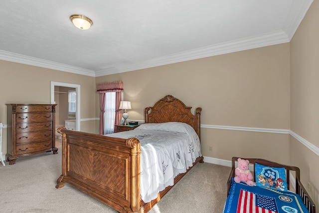 bedroom with crown molding and light colored carpet