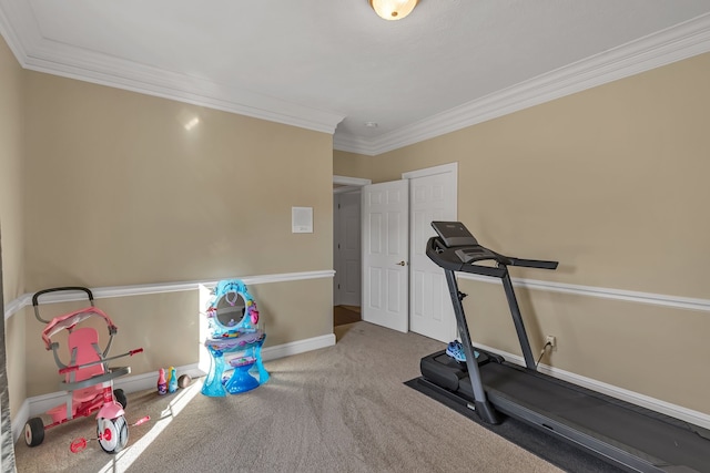 exercise area with carpet and crown molding