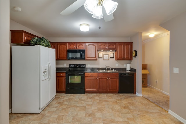 kitchen with ceiling fan, sink, and black appliances