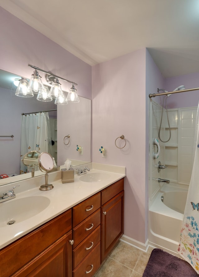 bathroom featuring tile patterned floors, vanity, and shower / bathtub combination with curtain