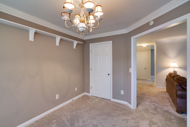 unfurnished room with crown molding, light carpet, and an inviting chandelier