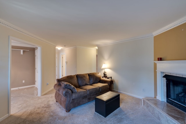 carpeted living room with a fireplace and ornamental molding