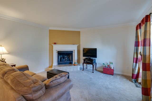 living room with light carpet, crown molding, and a tiled fireplace