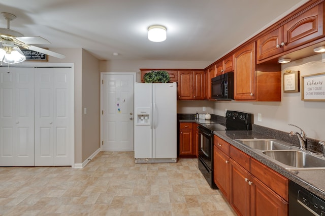 kitchen featuring black appliances, ceiling fan, and sink