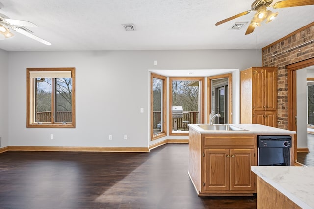 kitchen featuring a textured ceiling, sink, an island with sink, and dark hardwood / wood-style floors