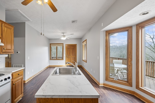 kitchen with a wealth of natural light, sink, a center island, and a textured ceiling