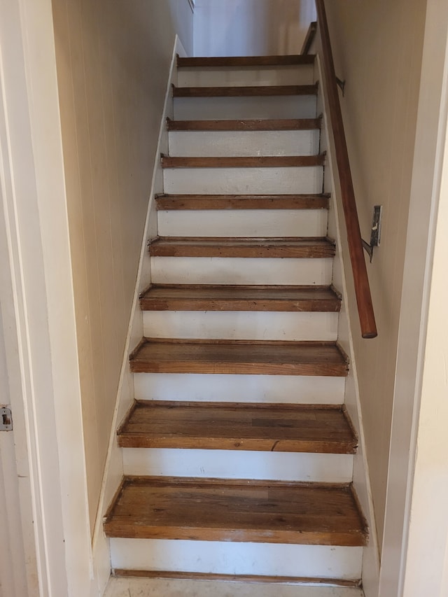 staircase featuring wood walls