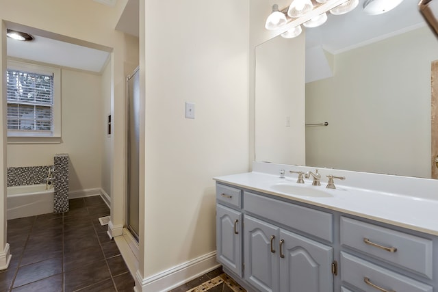 bathroom with tile patterned flooring, vanity, shower with separate bathtub, and crown molding