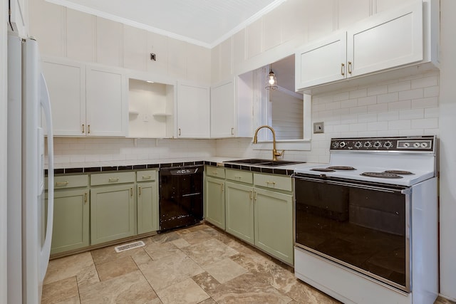 kitchen with tasteful backsplash, ornamental molding, white appliances, sink, and tile countertops