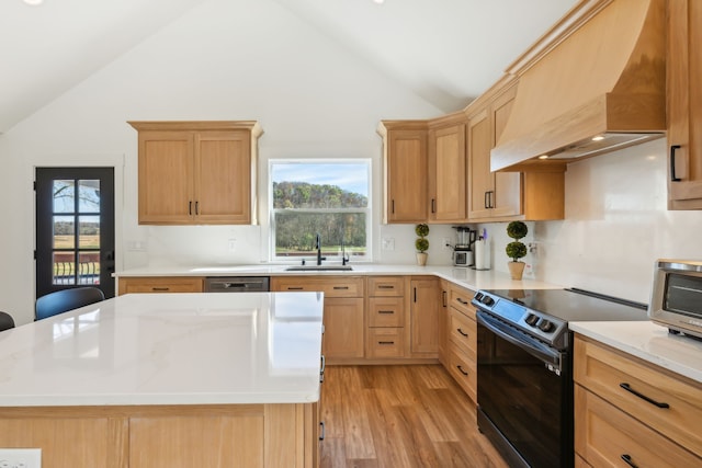 kitchen featuring custom range hood, black range with electric stovetop, plenty of natural light, and sink