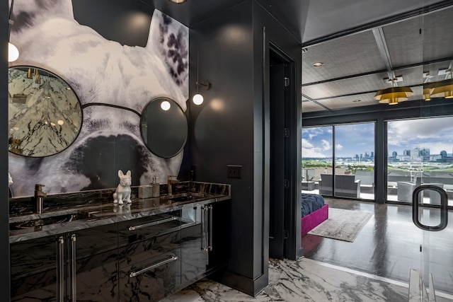 bathroom featuring expansive windows and sink