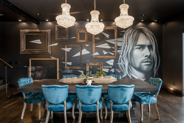 dining space featuring an inviting chandelier and dark wood-type flooring