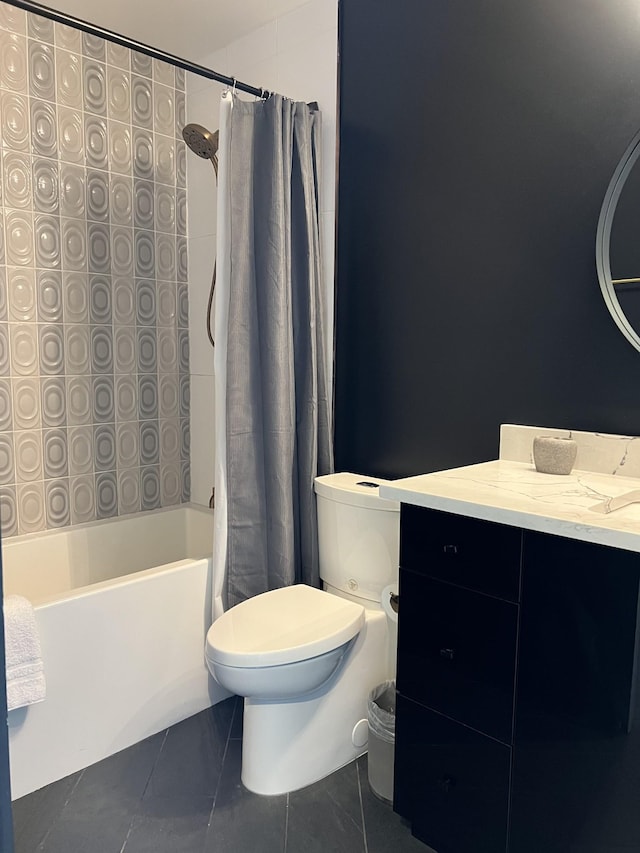 full bath with tile patterned flooring, shower / bathtub combination with curtain, toilet, and vanity