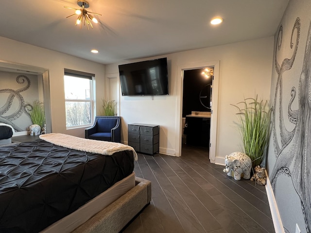 bedroom with baseboards, dark wood-style flooring, and recessed lighting