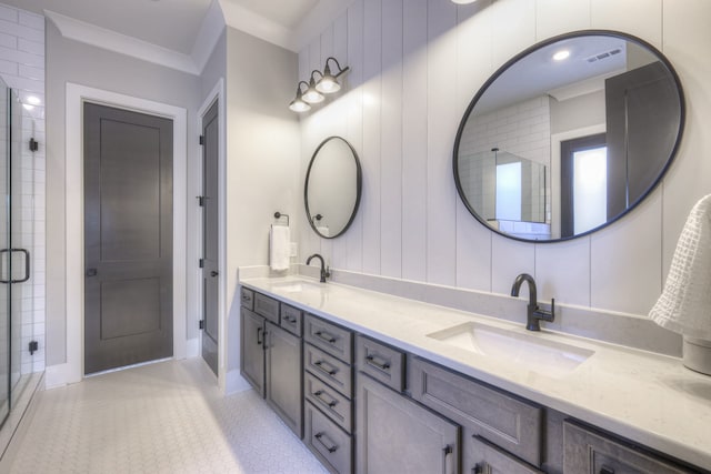 bathroom with wooden walls, vanity, ornamental molding, and walk in shower