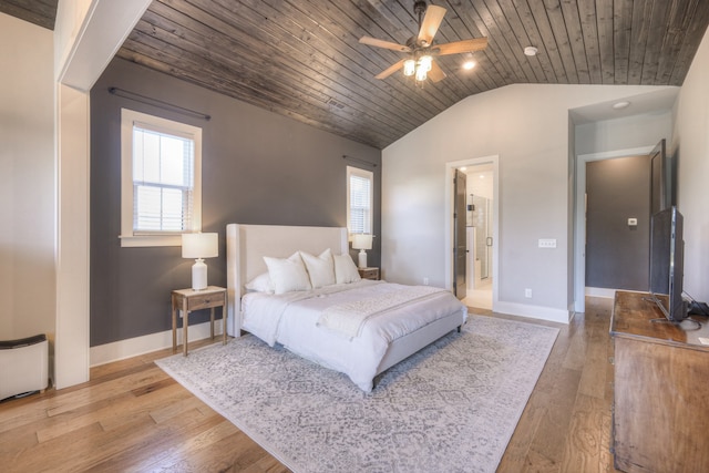 bedroom featuring ceiling fan, wooden ceiling, lofted ceiling, and light hardwood / wood-style floors