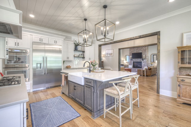 kitchen featuring white cabinetry, sink, stainless steel appliances, pendant lighting, and light wood-type flooring