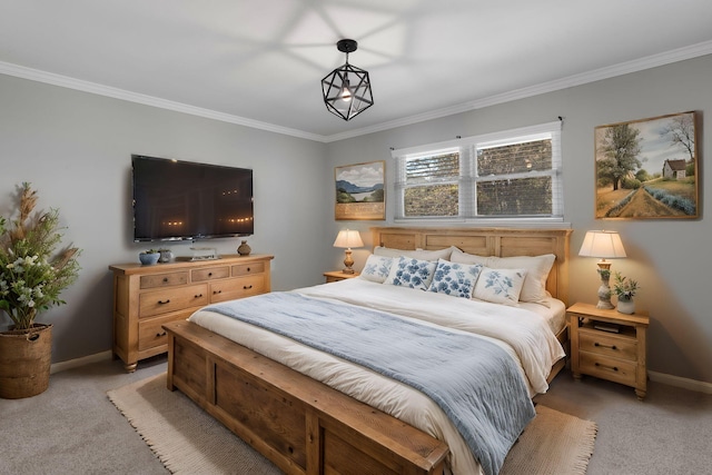 bedroom with light colored carpet, ornamental molding, and an inviting chandelier