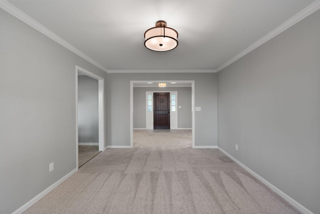 hall featuring light carpet and crown molding