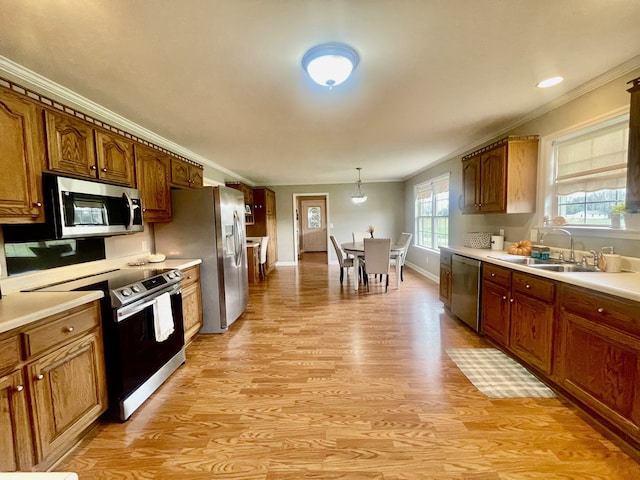 kitchen with crown molding, sink, hanging light fixtures, appliances with stainless steel finishes, and light hardwood / wood-style floors