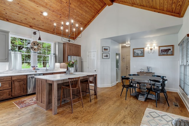 kitchen featuring a kitchen island, light hardwood / wood-style floors, stainless steel appliances, and hanging light fixtures