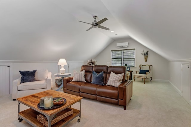 carpeted living room featuring ceiling fan, an AC wall unit, and vaulted ceiling