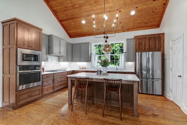 kitchen featuring appliances with stainless steel finishes, high vaulted ceiling, wooden ceiling, a center island, and light hardwood / wood-style floors