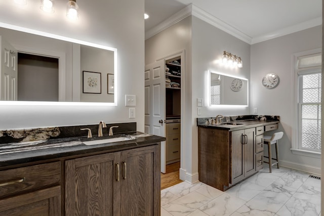 bathroom featuring a wealth of natural light, vanity, and ornamental molding