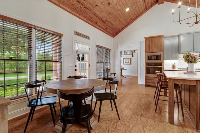 dining space with wood ceiling, plenty of natural light, high vaulted ceiling, and light hardwood / wood-style floors