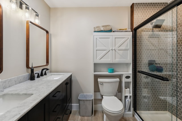 bathroom with vanity, toilet, wood-type flooring, and a shower with door