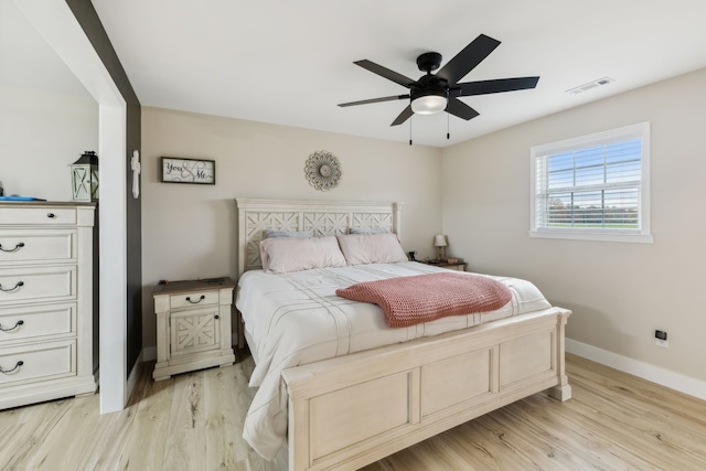 bedroom featuring ceiling fan and light hardwood / wood-style floors