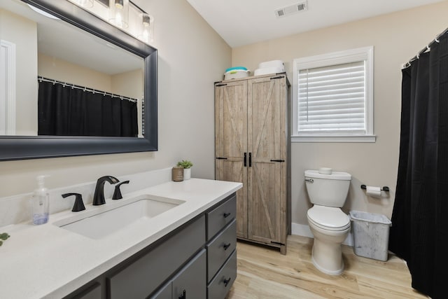 bathroom with wood-type flooring, vanity, and toilet