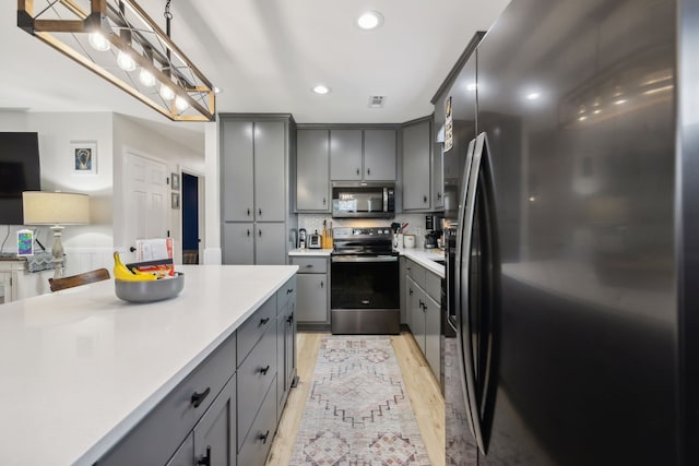 kitchen featuring hanging light fixtures, decorative backsplash, gray cabinets, light wood-type flooring, and appliances with stainless steel finishes