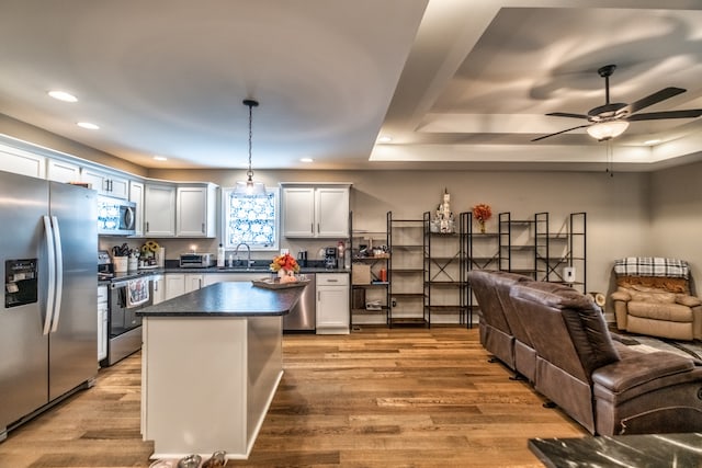 kitchen featuring stainless steel appliances, a tray ceiling, pendant lighting, light hardwood / wood-style flooring, and white cabinets